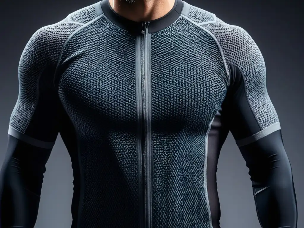 Prenda deportiva futurista con tecnología de tejido adaptable Tejidos adaptativos moda deportiva: Prenda deportiva futurista con tecnología de tela que reacciona al entorno, mostrando su innovación y estilo