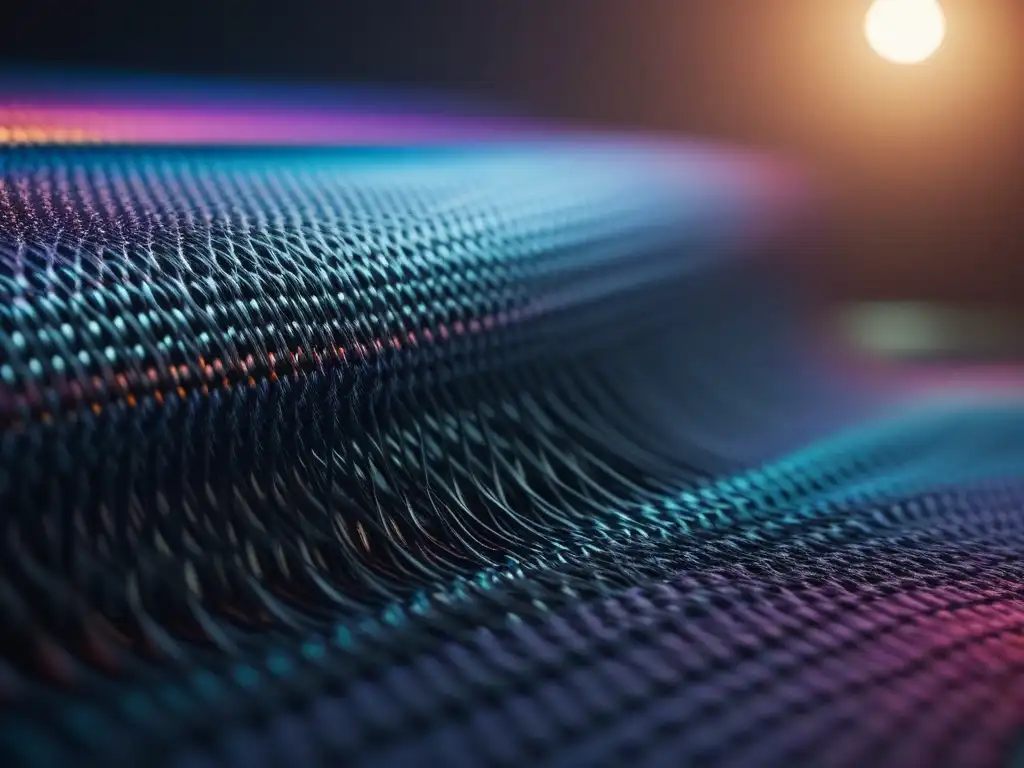 Tejido futurista de alta resolución en máquina textil avanzada Tejidos adaptativos para moda inclusiva: Imagen de tela futurista con diseño innovador y colores vibrantes siendo tejida en máquina avanzada