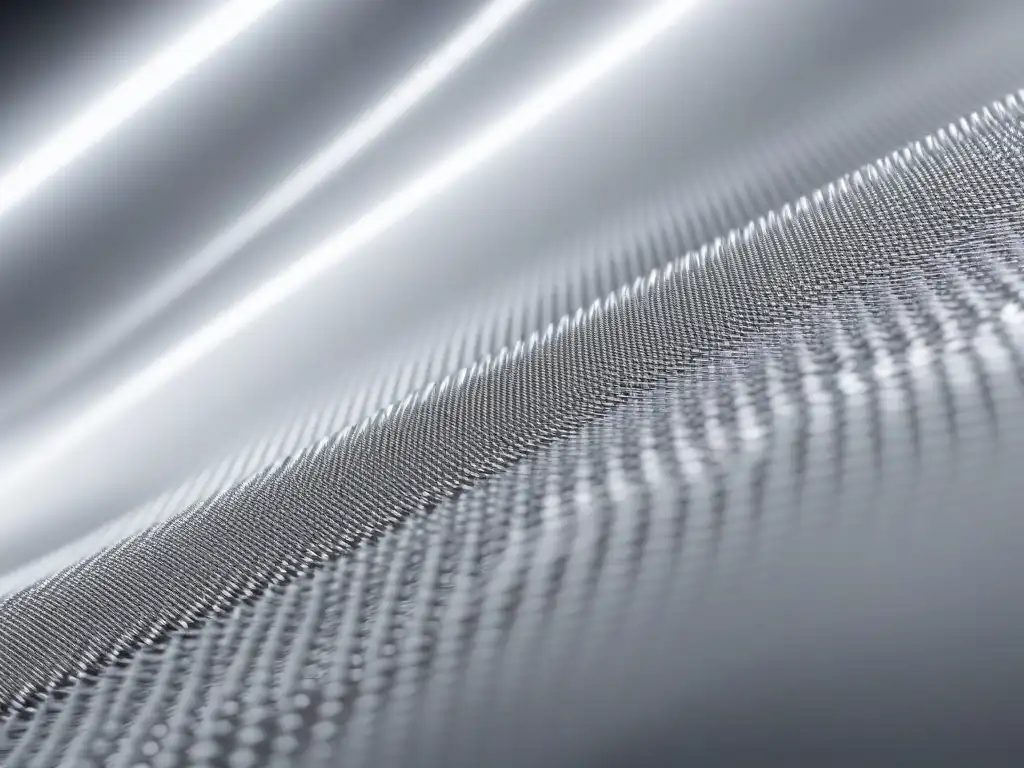 Tela futurista: innovación en plata y blanco Tejidos innovadores en moda inclusiva: Detalle ultradetallado de un tejido futurista en plata y blanco, con patrones e texturas intrincados y modernos