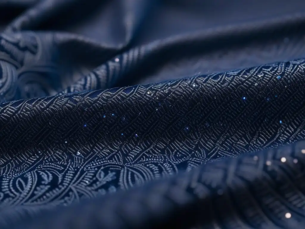 Textura lujosa en azul marino para moda plus size Una tela lujosa y novedosa en azul marino para moda plus size nuevos materiales, con patrones inspirados en la naturaleza y un brillo sutil