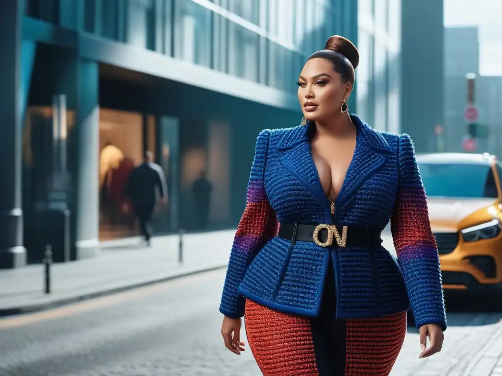 Modelo de tallas grandes con estilo urbano y vibrante en 2023 Tendencias moda plus size 2023: Modelo plus size elegante y segura caminando por la ciudad con un outfit vibrante y trendy