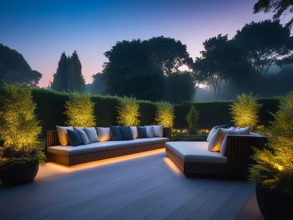 Terraza de lujo iluminada al anochecer con sofisticadas luces inteligentes Una terraza exterior lujosa iluminada al anochecer con una sofisticada iluminación inteligente en el jardín