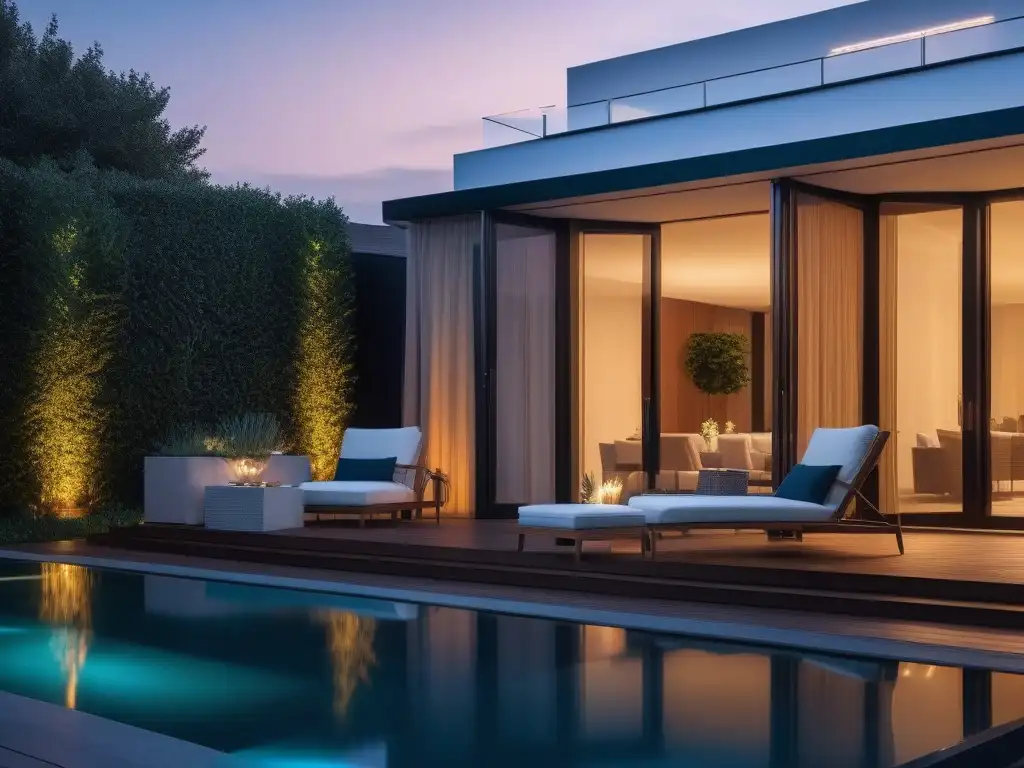 Terraza de lujo: iluminación exterior inteligente y moderna Una terraza de lujo al anochecer con iluminación exterior inteligente, mobiliario moderno y sistema de riego automatizado en el jardín