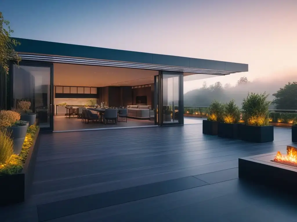 Terraza de lujo con paneles solares modernos en mansión elegante Terraza de lujo con paneles solares modernos, integrados en mansión elegante