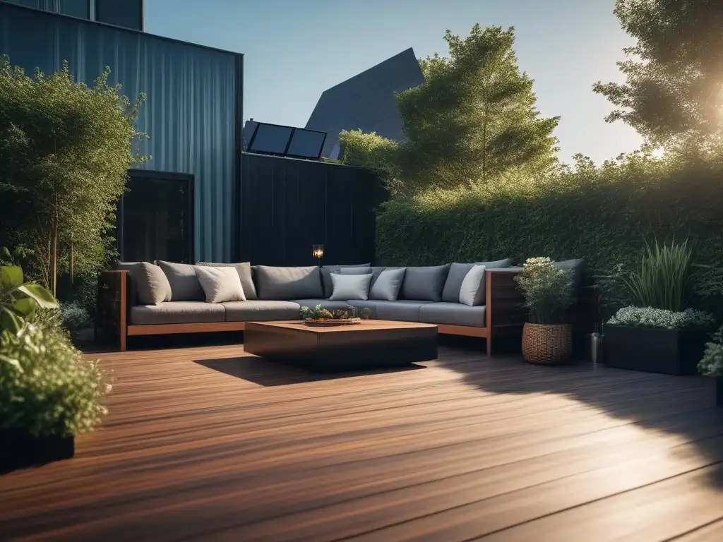 Terraza de lujo con paneles solares integrados, elegancia y sostenibilidad Terraza de lujo con paneles solares integrados en un diseño moderno y elegante, rodeados de vegetación exuberante y mobiliario exterior elegante