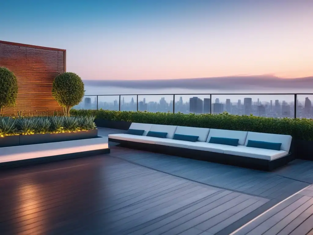 Elegante terraza con paneles solares futuristas en penthouse de lujo Terraza lujosa y moderna con paneles solares integrados, beneficios diseño sostenible