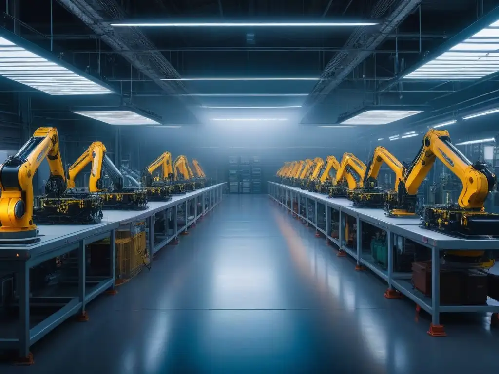 Fabricación textil sostenible: innovación futurista Instalación textil de alta tecnología con brazos robóticos tejiendo telas sostenibles bajo luces LED brillantes, certificaciones Cradle to Cradle moda
