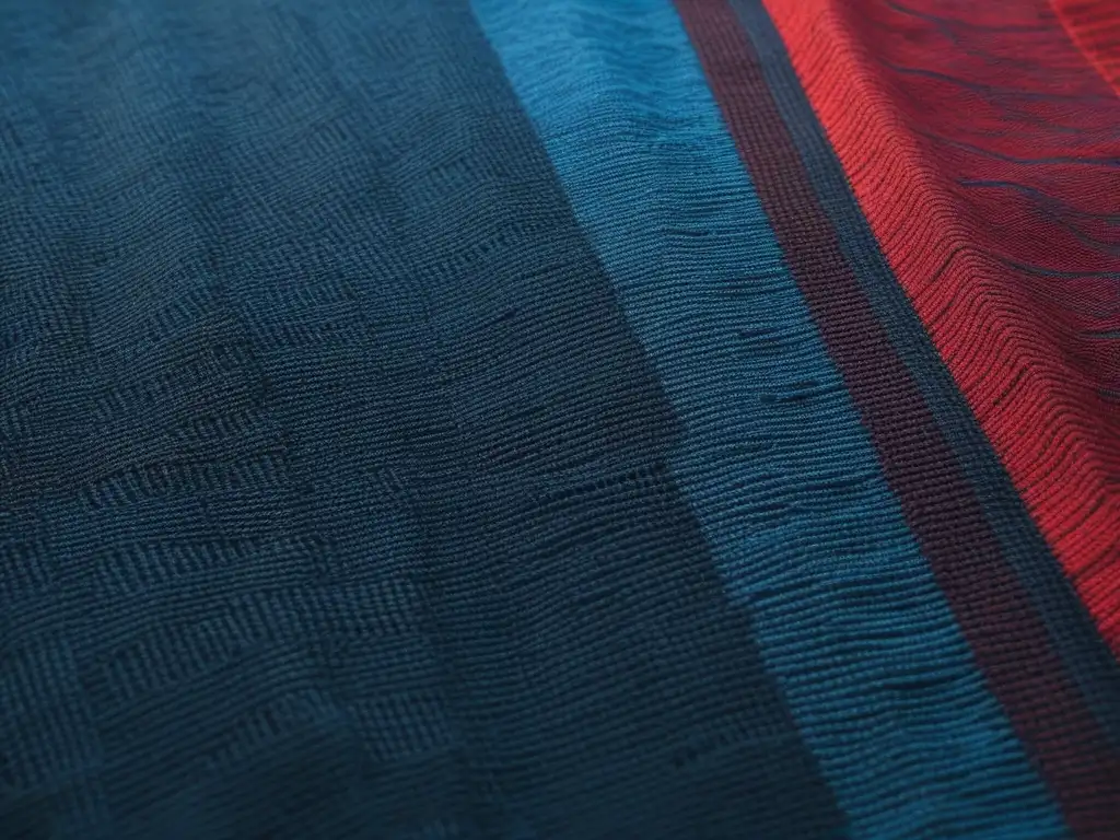 Textil reciclado: patrón vibrante y sostenible Textiles ecoconscientes para moda inclusiva: Detalle vibrante y elaborado de un patrón textil reciclado, destacando la creatividad sostenible