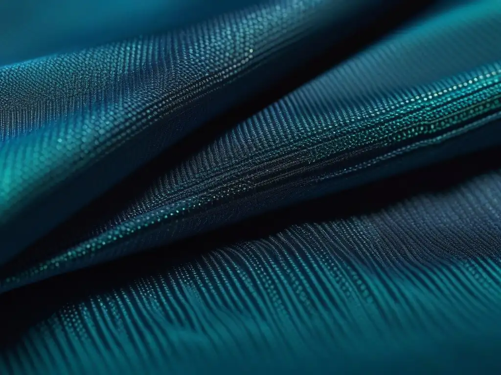 Textiles futuristas: diseño nanotecnológico en plata, azul y teal Textiles revolucionarios con nanotecnología: Patrones geométricos futuristas en tejido brillante de plata, azul y verde iridiscente