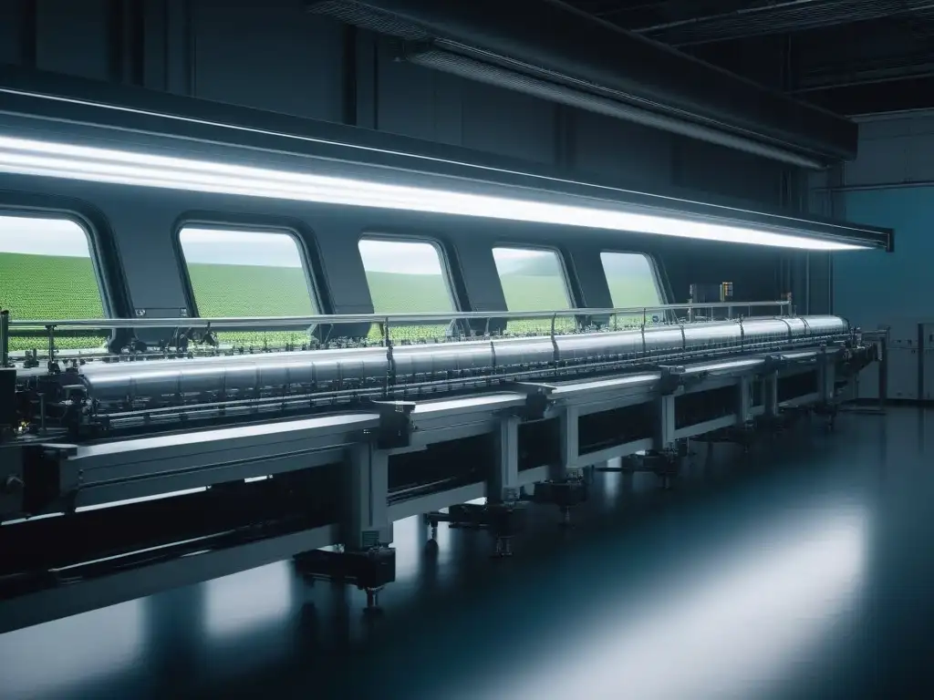 Planta textil del futuro: tejidos sostenibles en armonía con la naturaleza Fábrica de textiles sostenibles: maquinaria avanzada teje telas en un entorno minimalista, fusionando tecnología y naturaleza