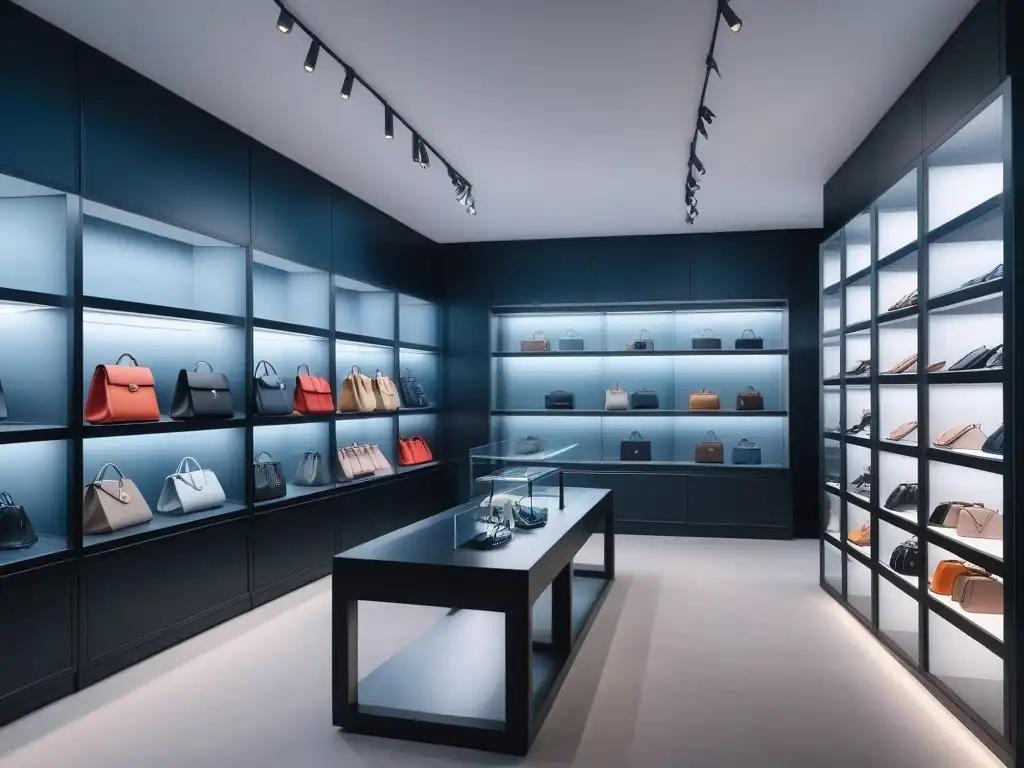 Tienda de accesorios de lujo: bolsos, gafas y joyas elegantes Una tienda de accesorios de moda de lujo con bolsos elegantes, gafas de sol y joyas glamorosas en estantes minimalistas iluminados suavemente