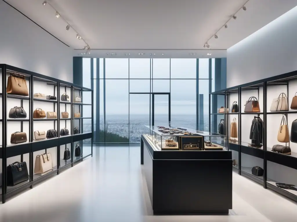 Elegante tienda de accesorios de lujo: minimalismo y sofisticación Una tienda de accesorios de moda de lujo con elegante decoración minimalista en tonos negro, blanco y dorado, iluminada con suave luz natural