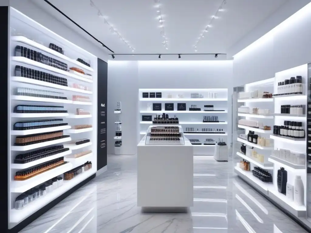 Tienda de belleza de lujo: elegancia futurista en 2023 Tienda de belleza de lujo en mármol blanco con productos elegantes y asesoramiento personalizado