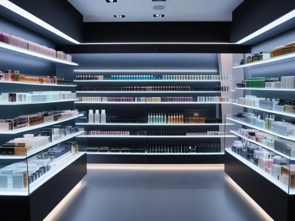Tienda de belleza de lujo: sofisticación y exclusividad Una tienda de belleza de lujo con productos elegantes y minimalistas, ideal para seguidores de tendencias belleza lujo inclusivas moda