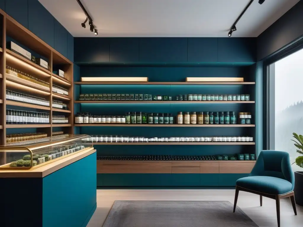 Tienda de bienestar de lujo: elegantes suplementos para cuerpo y mente Tienda de bienestar moderna y serena con suplementos de alta gama para la salud mental, en ambiente elegante y calmado