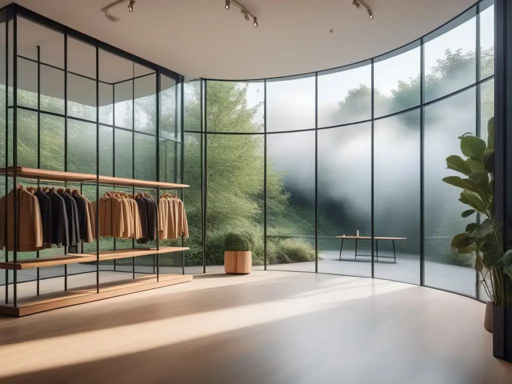 Tienda de moda sostenible: lujo y elegancia eco-friendly Tienda insignia de marca de moda sostenible redefiniendo lujo con prendas elegantes y ambiente sereno