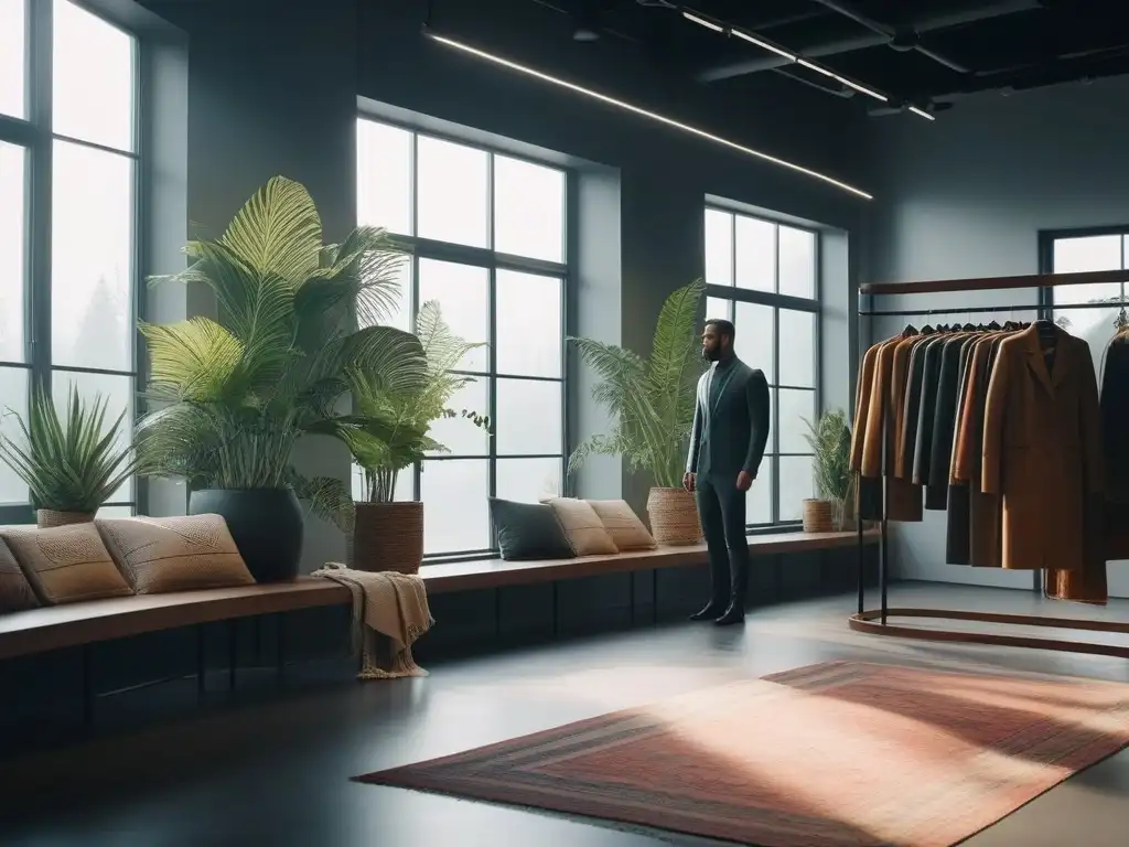 Tienda ecofriendly de moda sostenible: estilo, luz natural y diversidad Una tienda de moda ecoconsciente y bienestar personal con ropa sostenible, decoración minimalista y luz natural