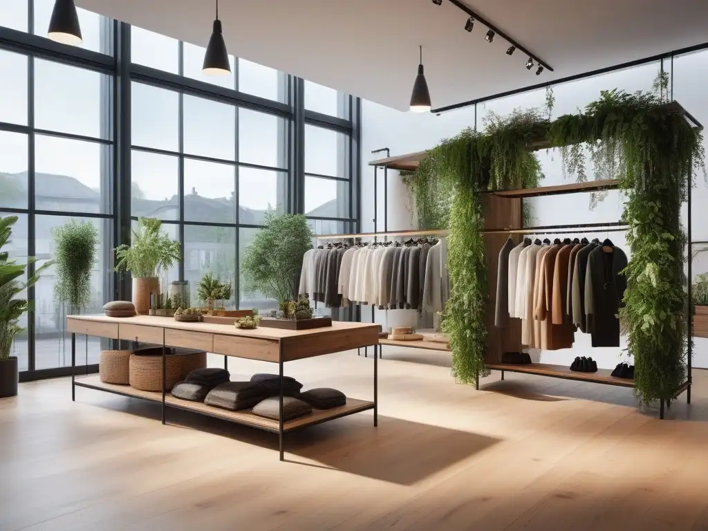 Tienda de moda ecológica: diseño moderno y sostenible Una tienda de moda ecológica con diseño moderno y normativas LEED, resaltando la sostenibilidad en cada detalle