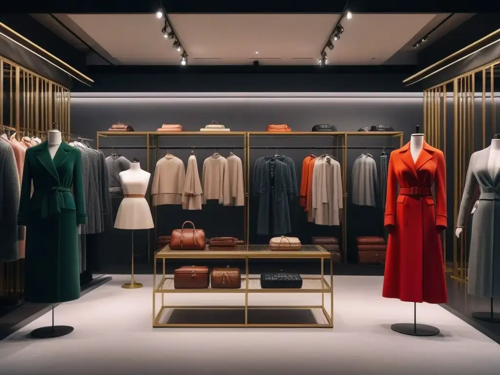 Una tienda de moda elegante y moderna con ropa de lujo en tallas grandes, ambiente acogedor y sofisticado