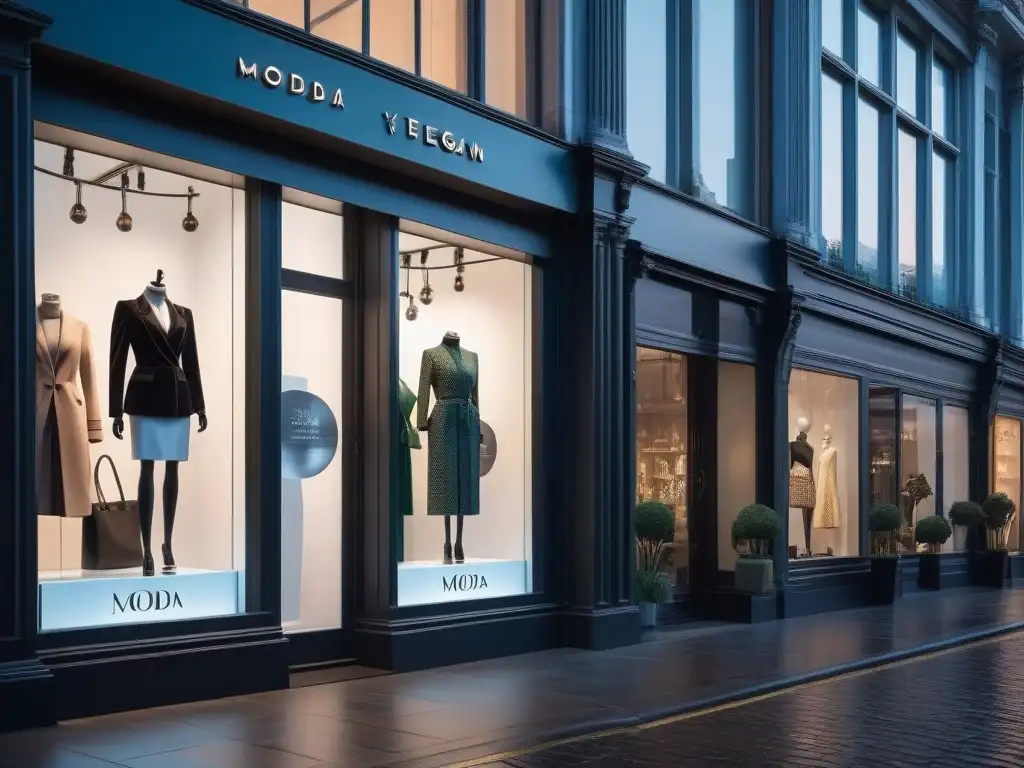 Vitrina de moda ética y vegana con maniquíes trendy Tienda de moda ética con certificaciones prendas veganas, maniquíes trendy exhiben diseños cruelty-free