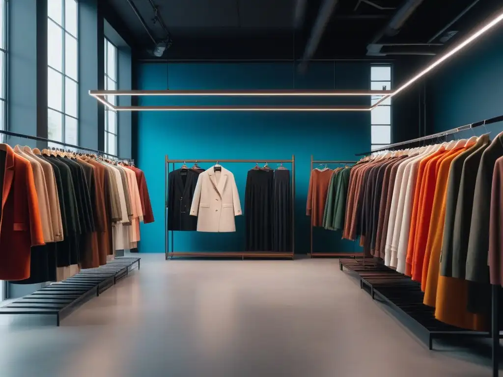 Tienda de moda eco-friendly: ropa vegana de alta calidad Una tienda de moda ética con prendas veganas de colores vibrantes y texturas sostenibles, iluminada con luz natural