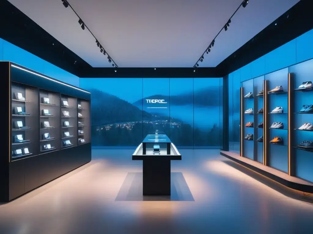 Tienda de moda de lujo con tecnología de vanguardia Tienda de moda de lujo con gadgets de tecnología avanzada y diseño futurista, exudando exclusividad y éxito en marcas inclusivas