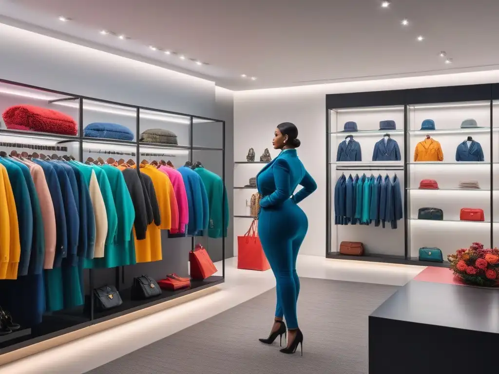 Tienda de ropa moderna y vibrante con maniquíes de tallas grandes Una tienda de moda plus size moderna y vibrante, con maniquíes elegantes y ropa colorida