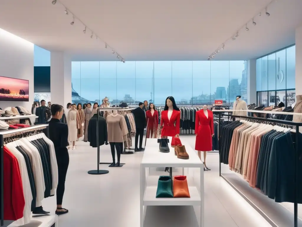 Caos fashion: tienda abarrotada de fast fashion Una tienda de moda rápida abarrotada con clientes diversos