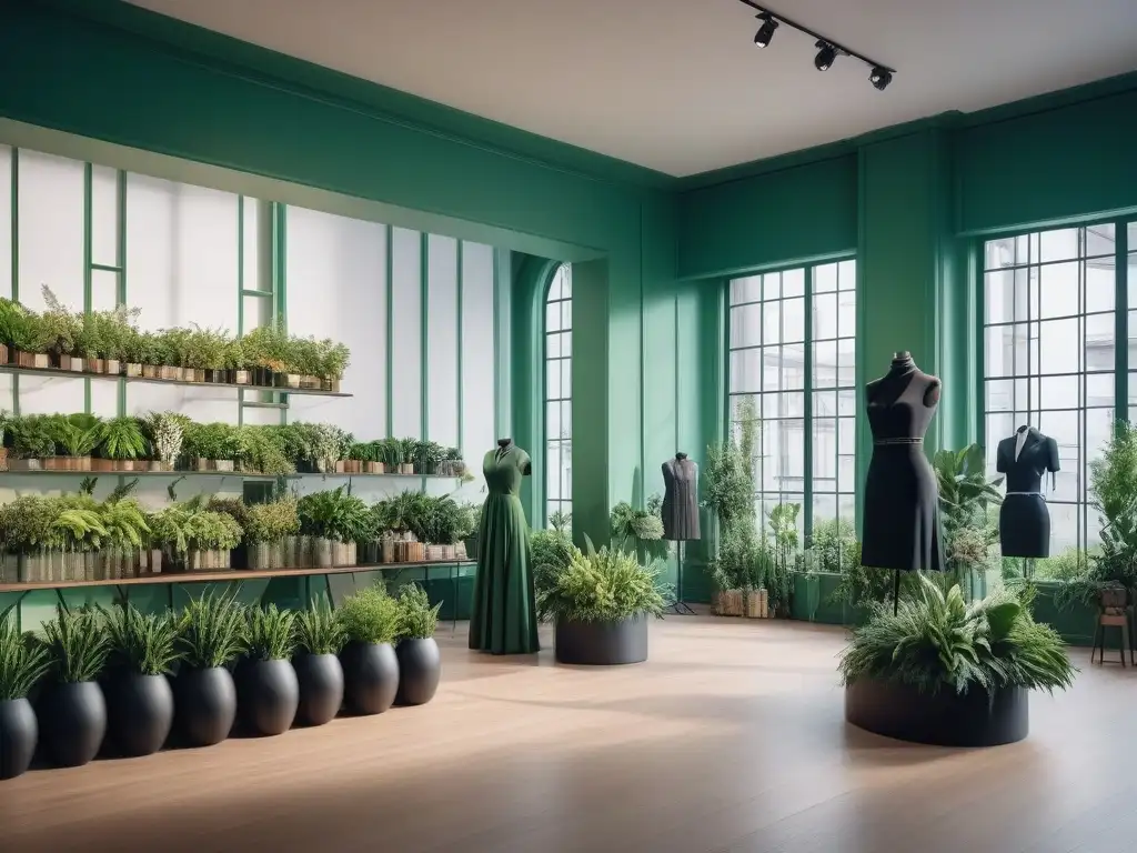 Tienda de moda vegana: diseño moderno y sostenible Una tienda de moda vegana sin crueldad animal, con maniquíes elegantes y prendas sostenibles, decoración ecofriendly y plantas verdes