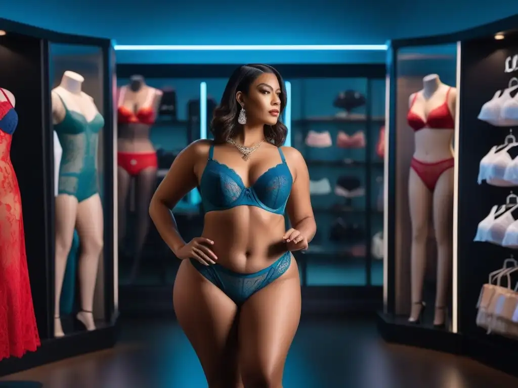 Empoderamiento diverso: unidos en la lencería LGBTQ+ Una tienda moderna de lencería con diversidad de cuerpos y personas LGBTQ+ empoderadas mostrando su estilo único con ropa interior colorida y vibrante