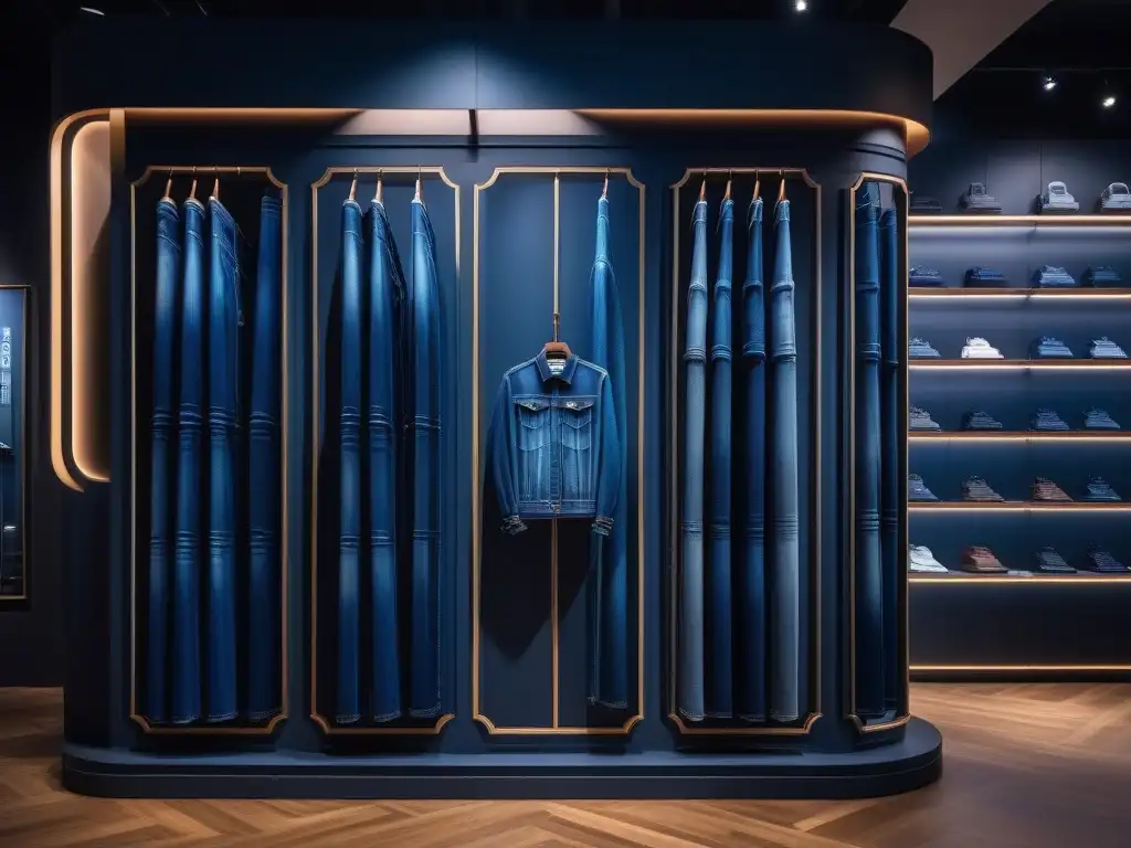 Jeans de calidad para figuras petite en boutique moderna Tienda moderna con los mejores jeans para figura petite en tonos de denim, resaltando detalles y calidad artesanal