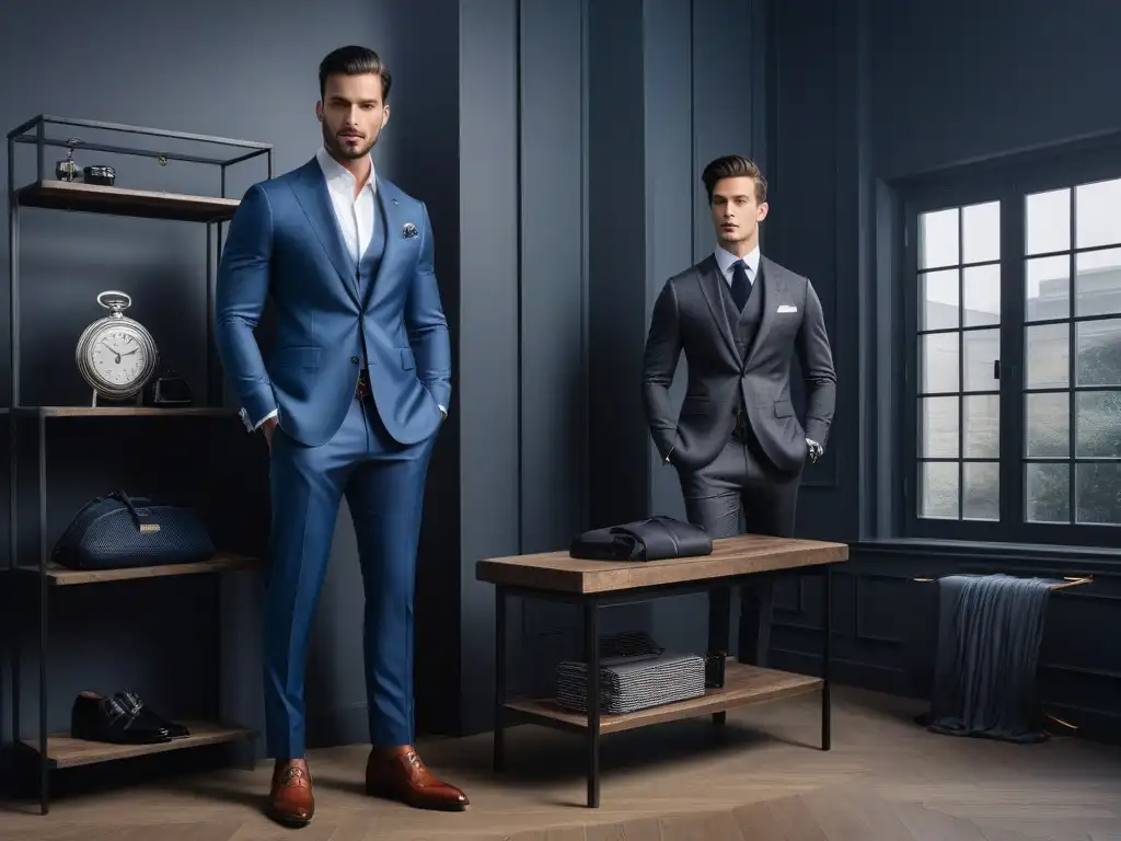 Elegante boutique de moda masculina para hombres pequeños Tienda moderna de moda petite para hombres con colección especializada de trajes y accesorios, ambiente elegante en tonos grises y azules