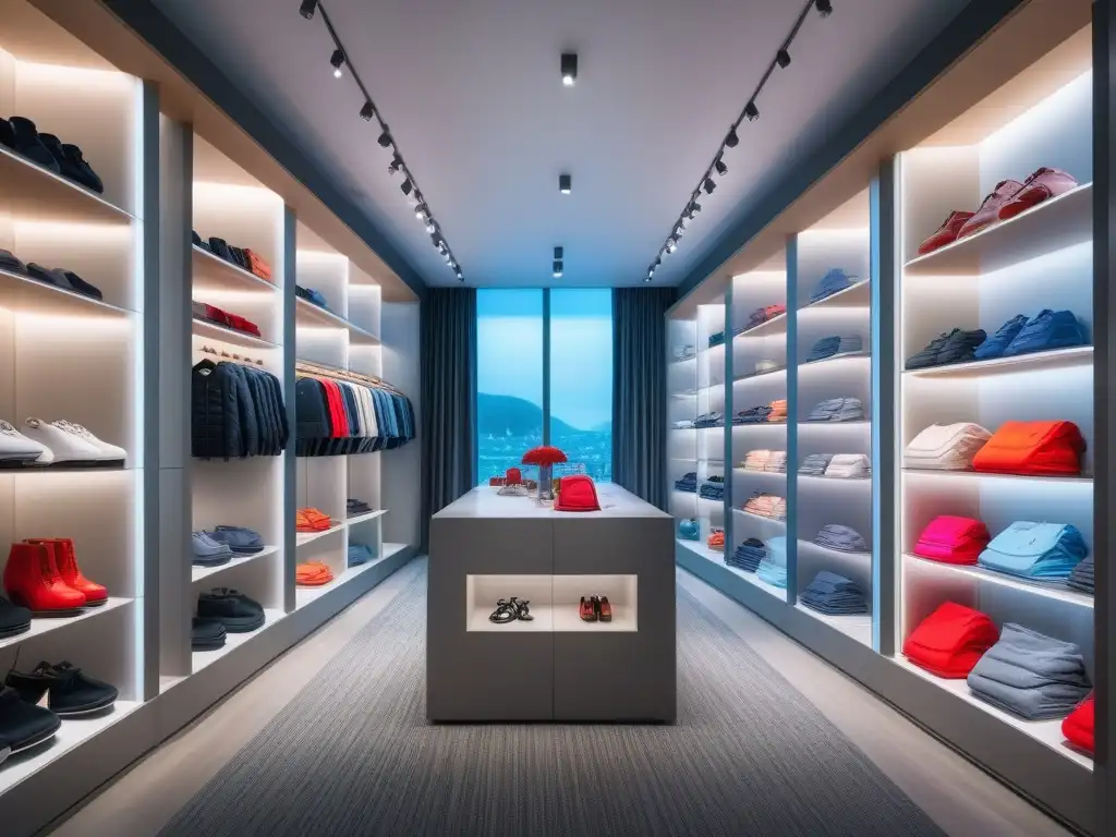 Tienda de ropa infantil moderna y colorida Una tienda de ropa infantil moderna y elegante, con outfits coloridos en estantes pulcramente organizados bajo una luz suave y acogedora
