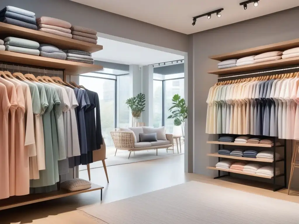 Tienda de ropa de maternidad: elegancia y confort en telas suaves Tienda de ropa maternal tejidos recomendados en tonos pastel, con maniquíes vestidos con elegancia y luz natural