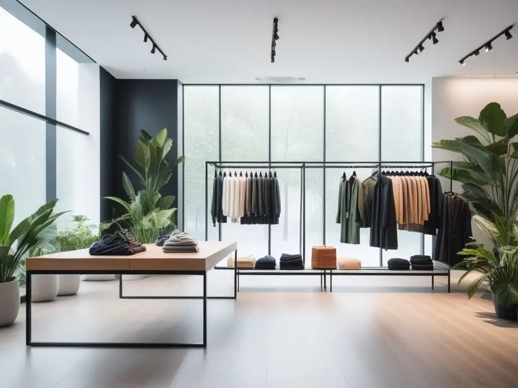 Tienda de moda sostenible con prendas ecofriendly y diseño moderno Una tienda de ropa minimalista con prendas ecofriendly