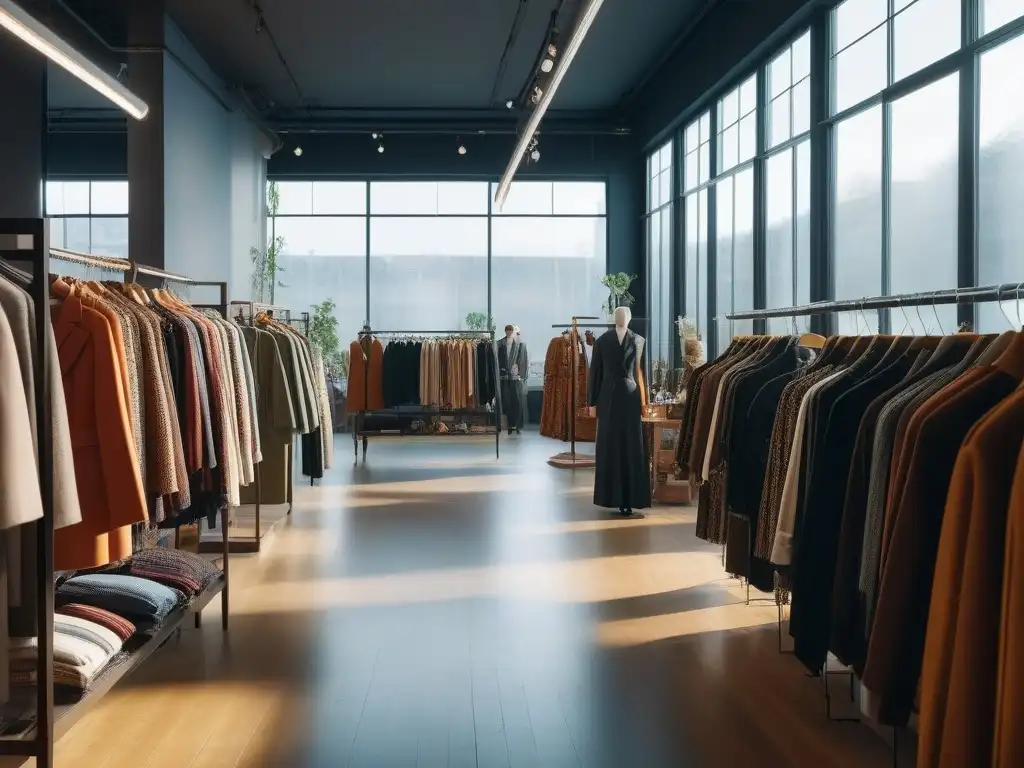 Tienda de ropa de segunda mano: moda sostenible y diversidad Una tienda de ropa de segunda mano ecoconsciente, llena de prendas estilosas y coloridas, con compradores de diversas edades y etnias