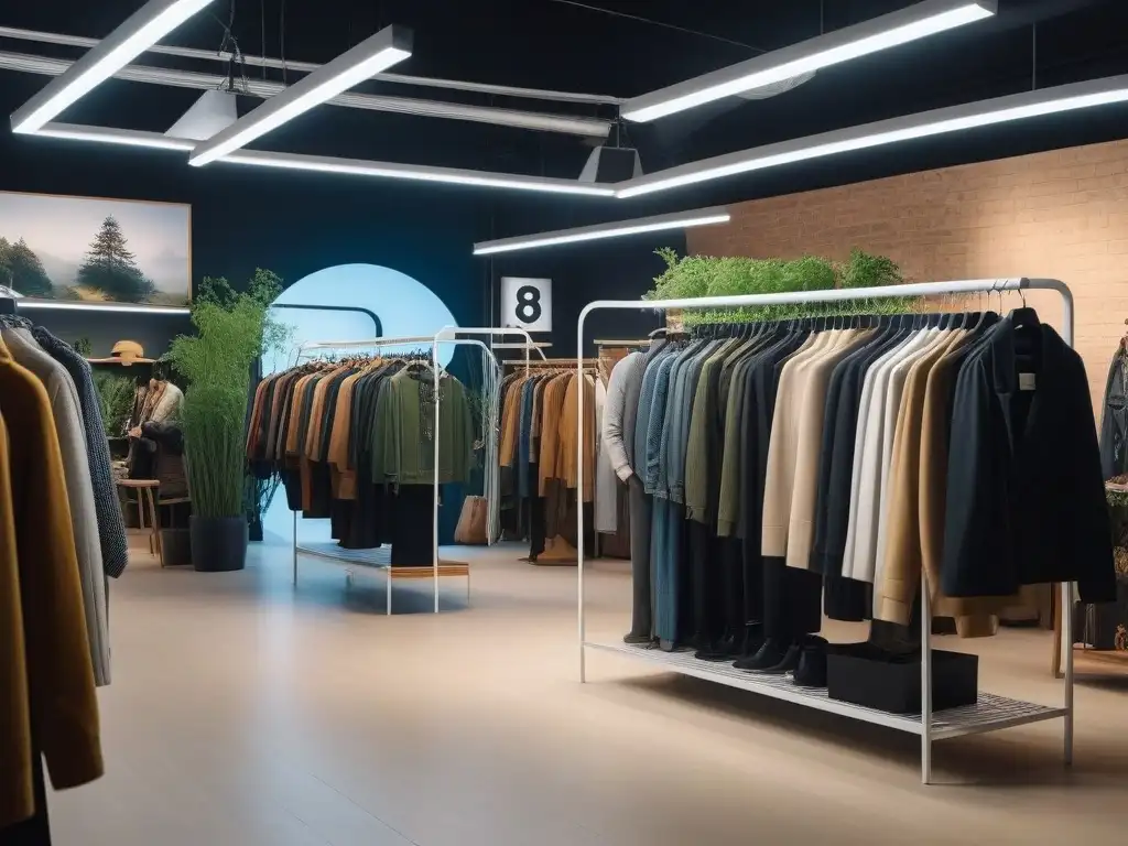 Tienda de ropa de segunda mano: moda sostenible y diversa Una tienda de segunda mano animada y moderna, con prendas sostenibles y público diverso