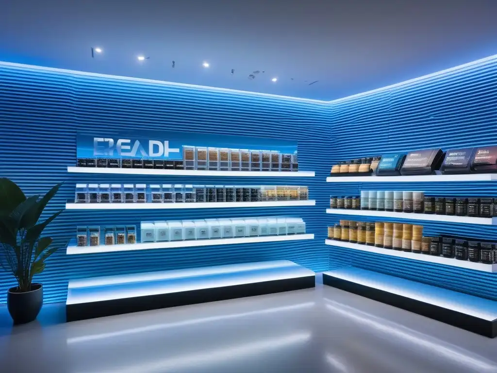 Tienda de suplementos premium: lujo y sofisticación Una tienda de suplementos futurista con proteínas de alta calidad para masa muscular en elegante empaque minimalista y ambiente sofisticado