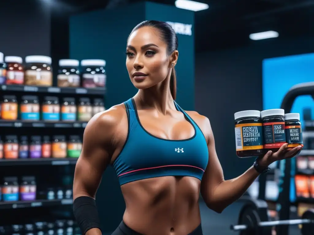 Tienda de suplementos personalizados: diversidad y energía Una tienda de suplementos futurista con variedad de personas y productos