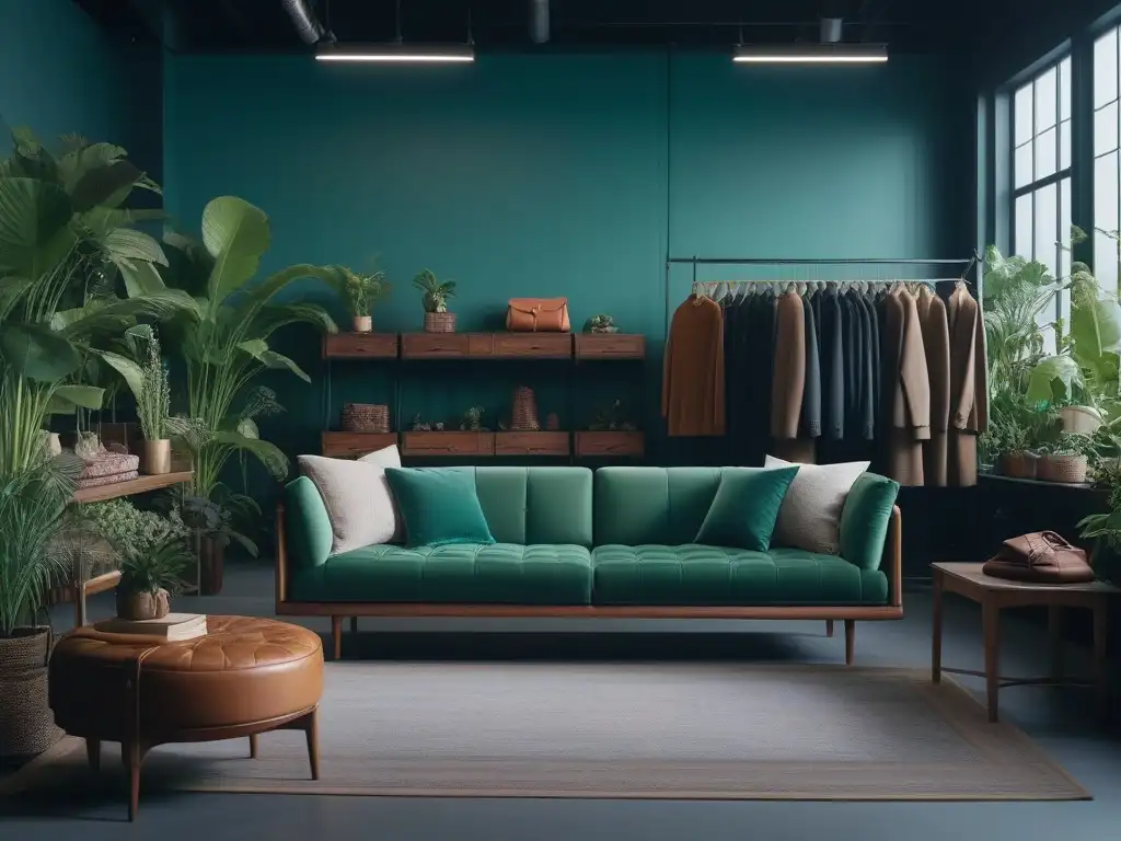 Tienda de moda sostenible: vintage elegante y frescura verde Tienda vintage en línea moda con ropa y decoración sostenible, iluminación natural y plantas verdes creando un ambiente fresco y acogedor