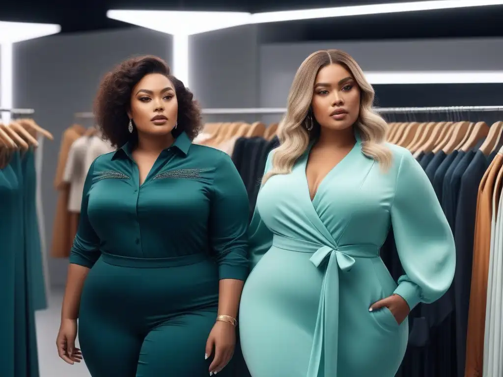 Moda plus size: Empoderamiento y estilo en tienda inclusiva Transformación tiendas moda plus size con modelos seguras y elegantes en boutique inclusiva