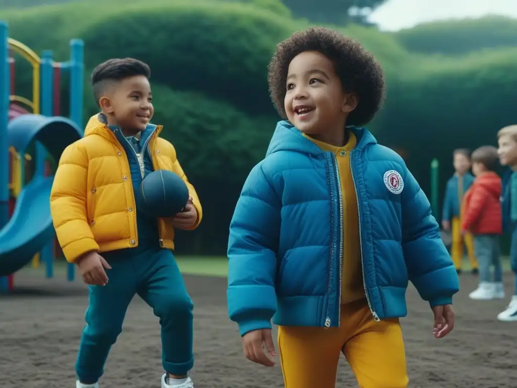 Una tierna imagen de moda infantil en tallas pequeñas, con niños de diversas etnias y habilidades jugando felices en un parque vibrante