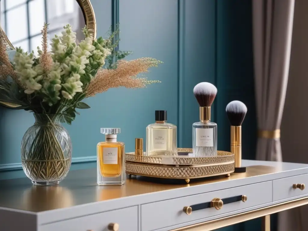 Vanity table de lujo con productos de belleza exclusivos Un tocador de belleza lujoso con productos de alta gama, creando una atmósfera glamurosa y aspiracional de bienestar y autoestima