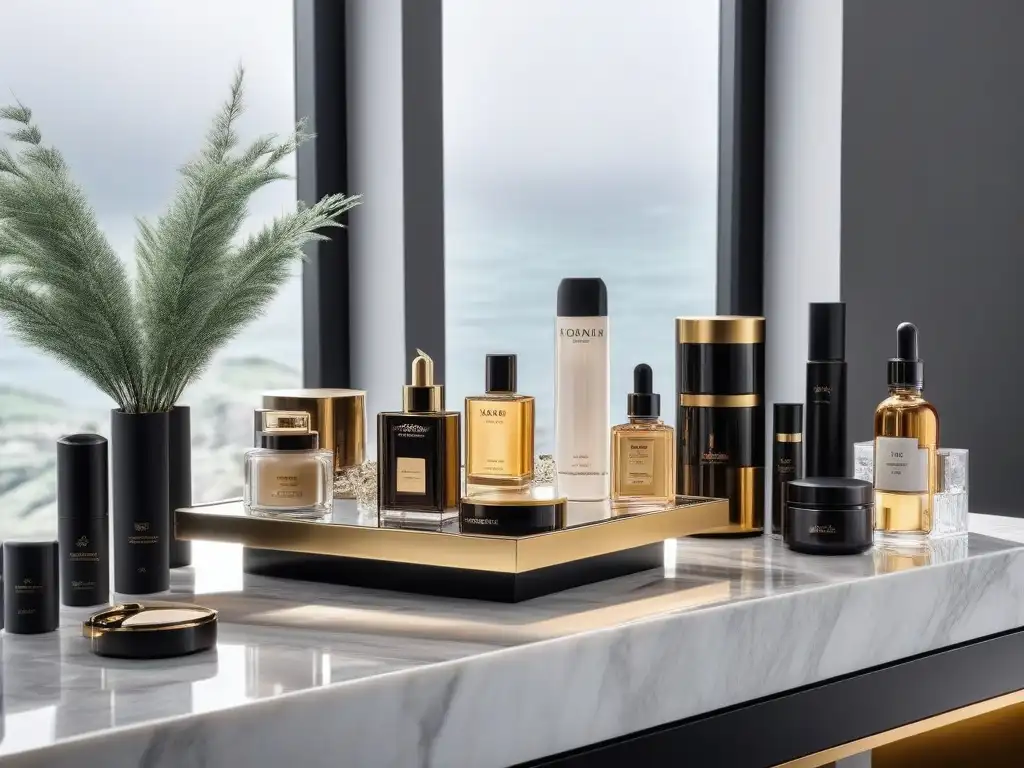 Vanity table de lujo: organización impecable en mármol y oro Un tocador de lujo con organizadores incorporados para productos de belleza, materiales de alta calidad como mármol y detalles en oro
