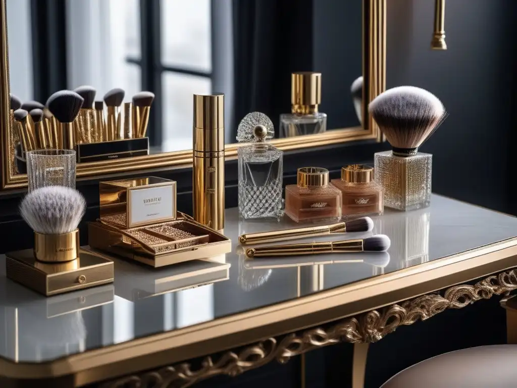 Lujosa vanidad con accesorios de belleza exclusivos Un tocador lujoso con accesorios de belleza de alta gama inclusivos bajo una luz natural