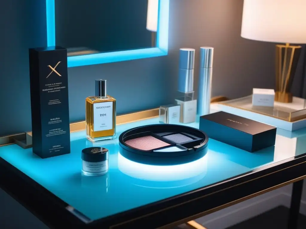 Vanity table de lujo con productos de belleza premium Un tocador lujoso con productos de belleza de alta gama, combinando sombras brillantes y sueros elegantes bajo luces suaves