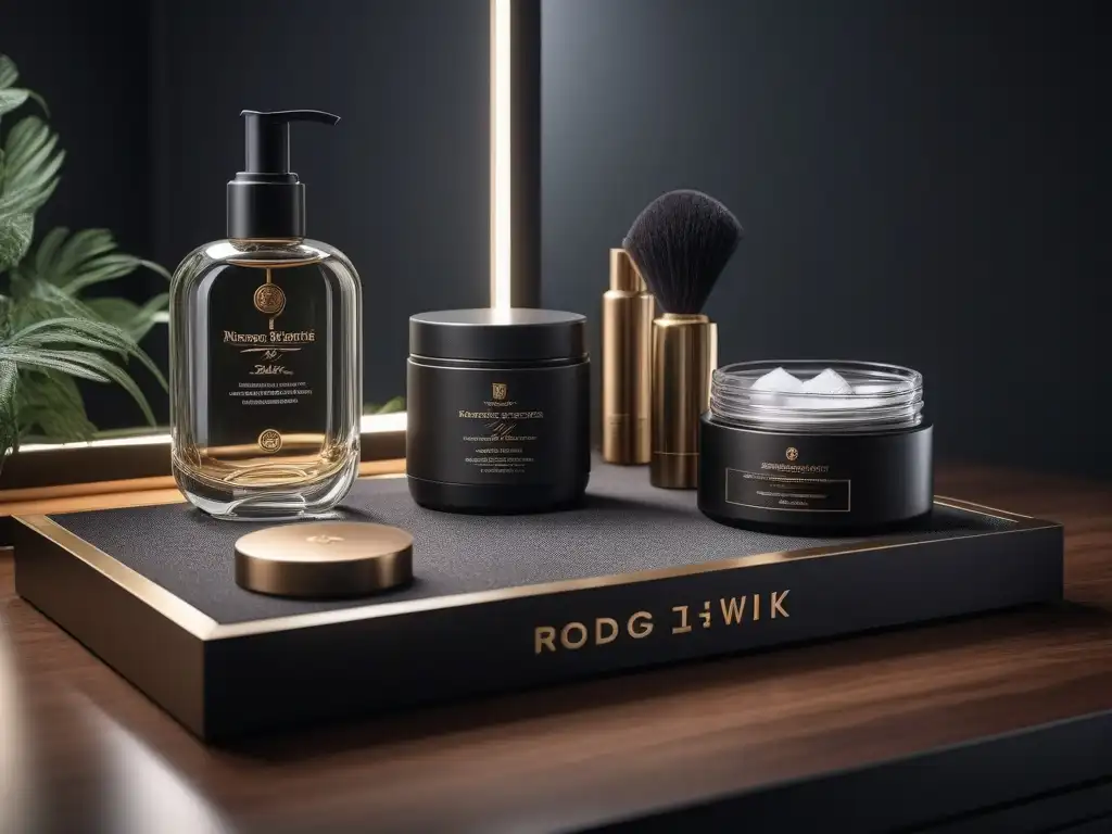 Vanity table de lujo con productos de belleza de alta gama Un tocador lujoso con productos de belleza de alta gama organizados perfectamente en elegantes contenedores, iluminado suavemente