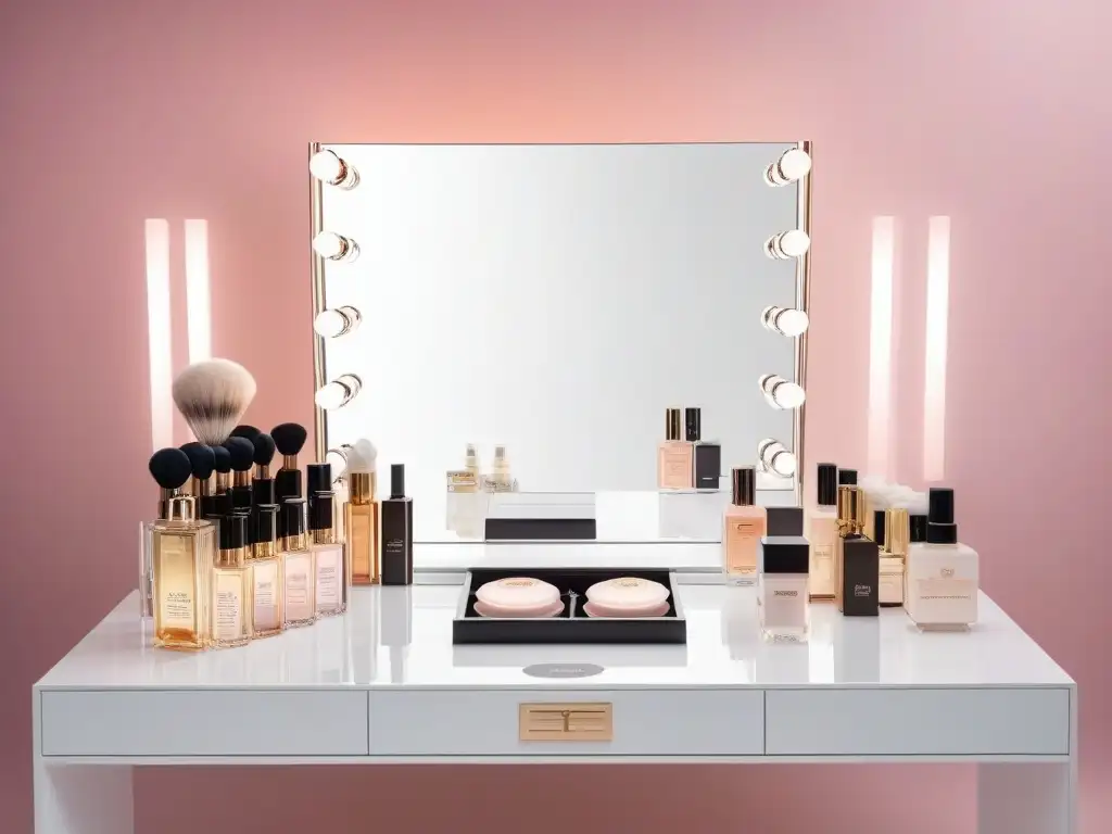 Vanity table de lujo con productos de belleza de alta gama Un tocador lujoso con productos de belleza de lujo organizados perfectamente en contenedores acrílicos transparentes, iluminado elegantemente