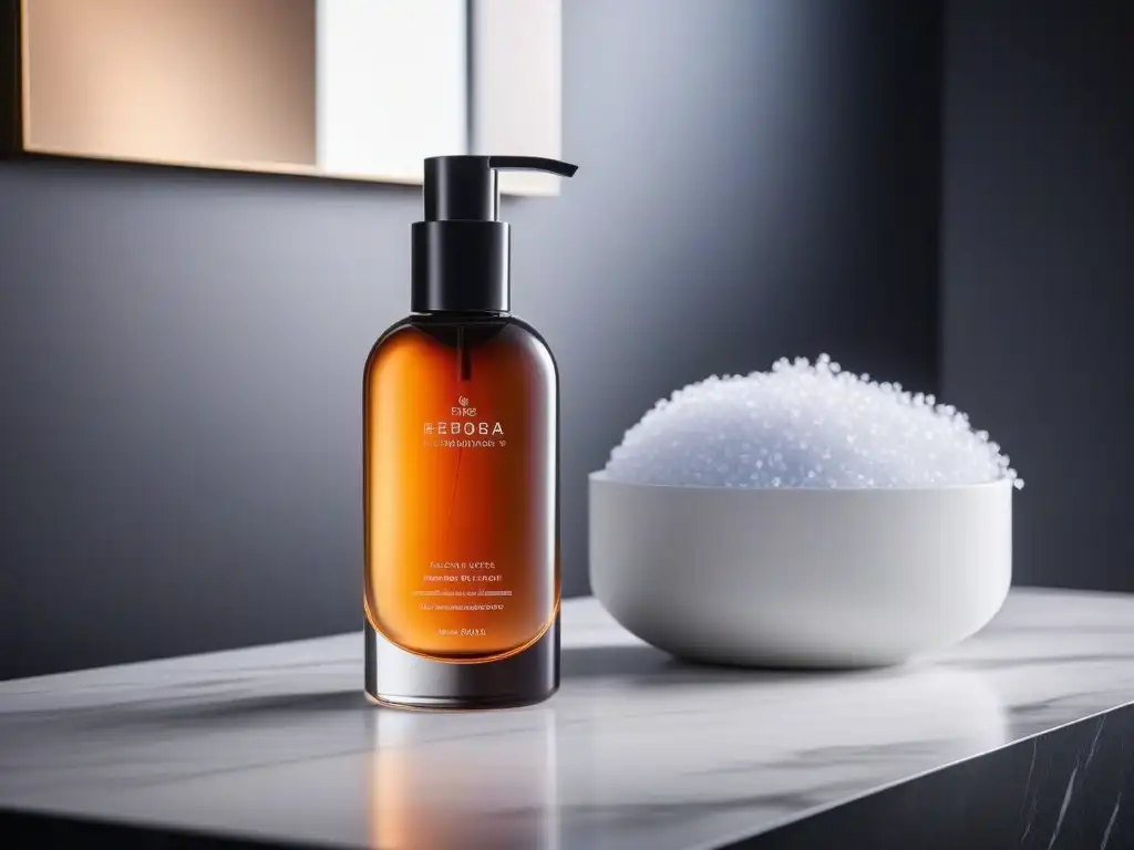 Vanity de mármol con productos de lujo para la piel Un tocador de baño lujoso con productos de cuidado de la piel de alta gama, destacando los beneficios exfoliantes de lujo