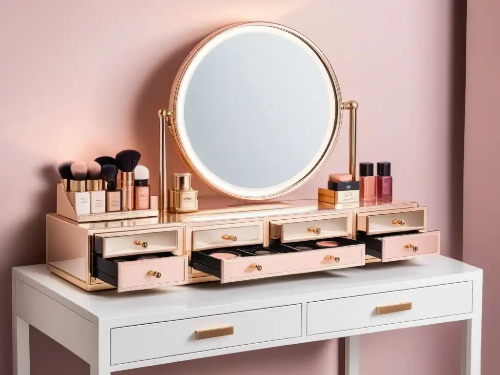 Vanity de lujo para petitas: glamour en miniatura Un tocador de maquillaje de lujo para tallas petite, equipado con productos y accesorios elegantes en tonos rose gold y deep plum